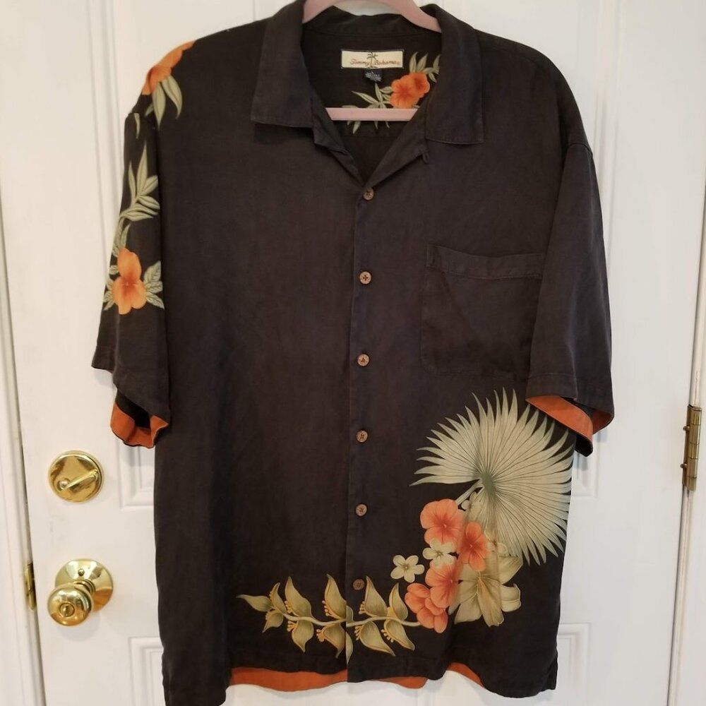 Tommy Bahama Silk Hawaiian Black Camp Shirt Button Up Size Large